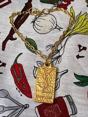 Yves Saint Laurent Gold Hammered Logo Pendant Chain Bracelet